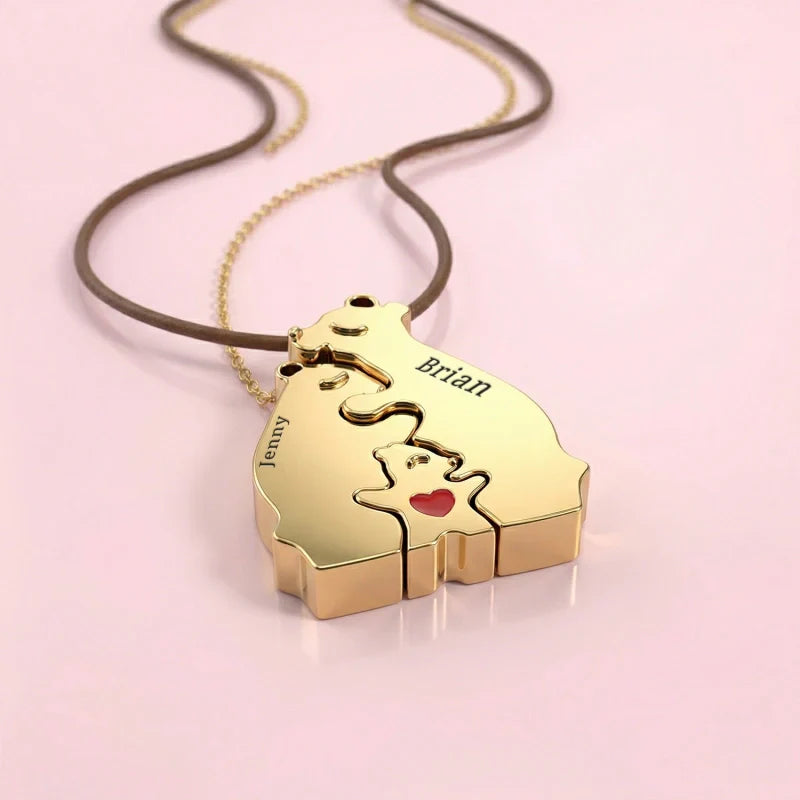 Personalized Bear Family Necklace - 18K Gold Plated Custom Name Pendants