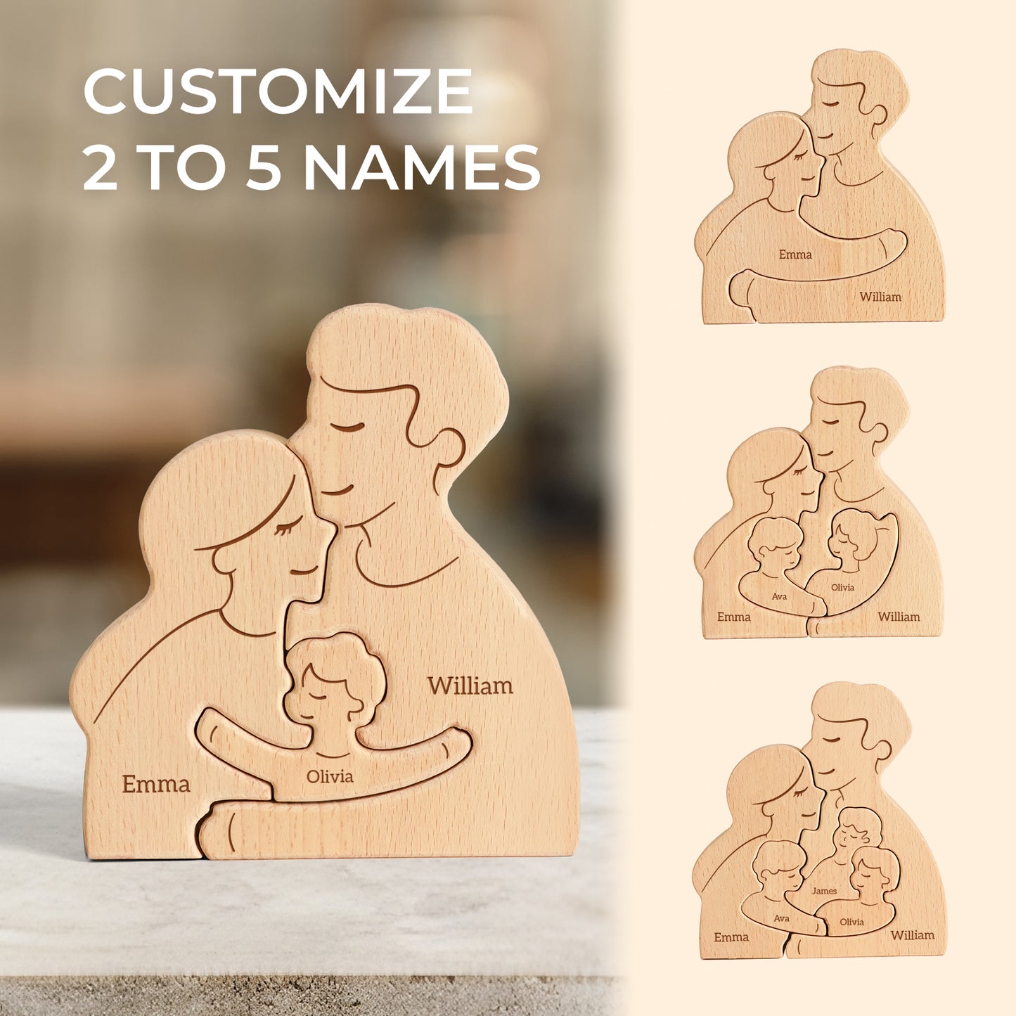 Wooden Family Puzzle, Personalized Puzzles with 2–5 Names, Birthday Anniversary Wedding Gifts for Women Men, Customized Home Decor Housewarming Gifts for Parents Couple Friends