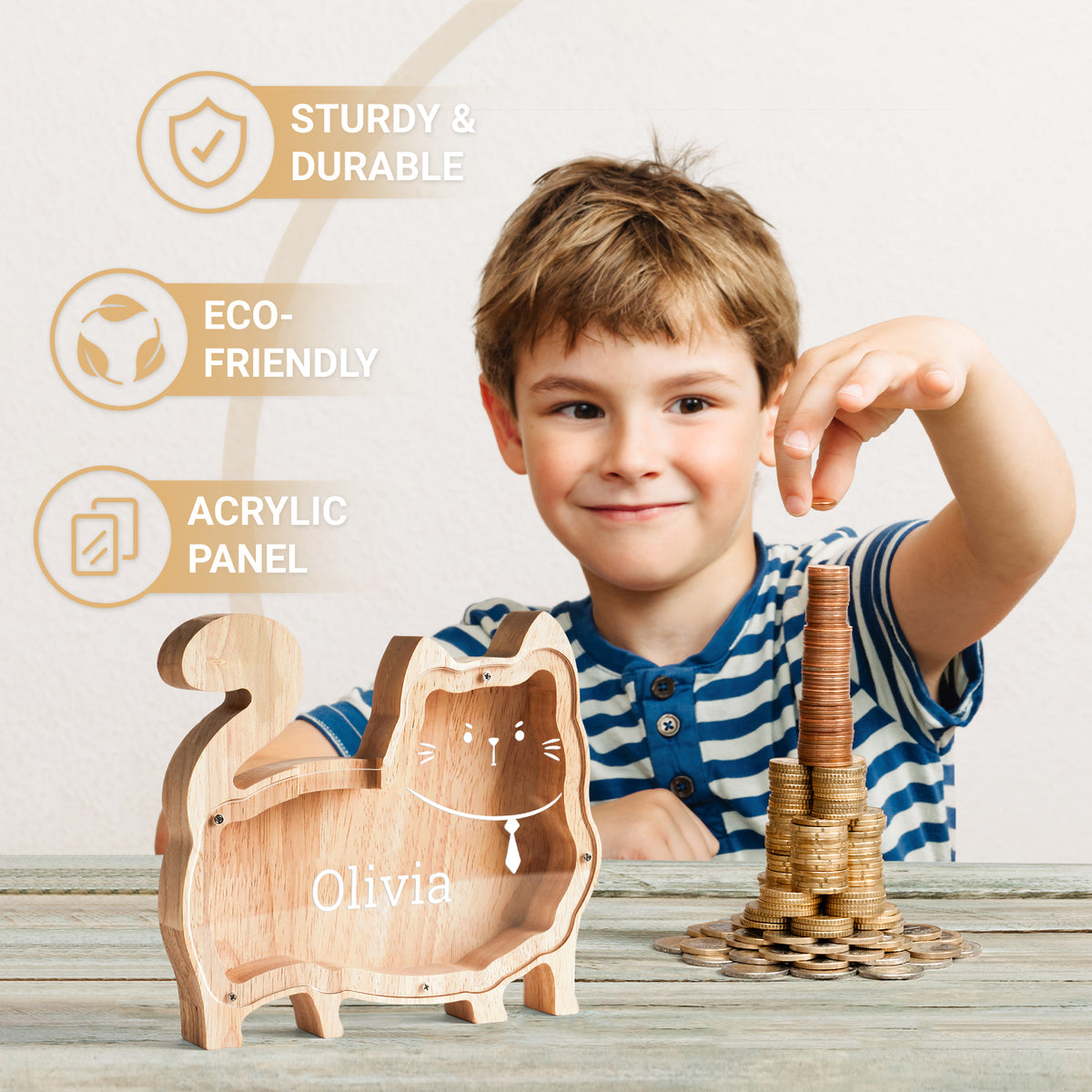 Wooden Cat Piggy Banks for Kids, Personalized Cat Coin Bank with Name, Custom Gifts for Kids Birthday & Decor, Wooden Cashbox Money Jar Educational Toy for Boys Girls
