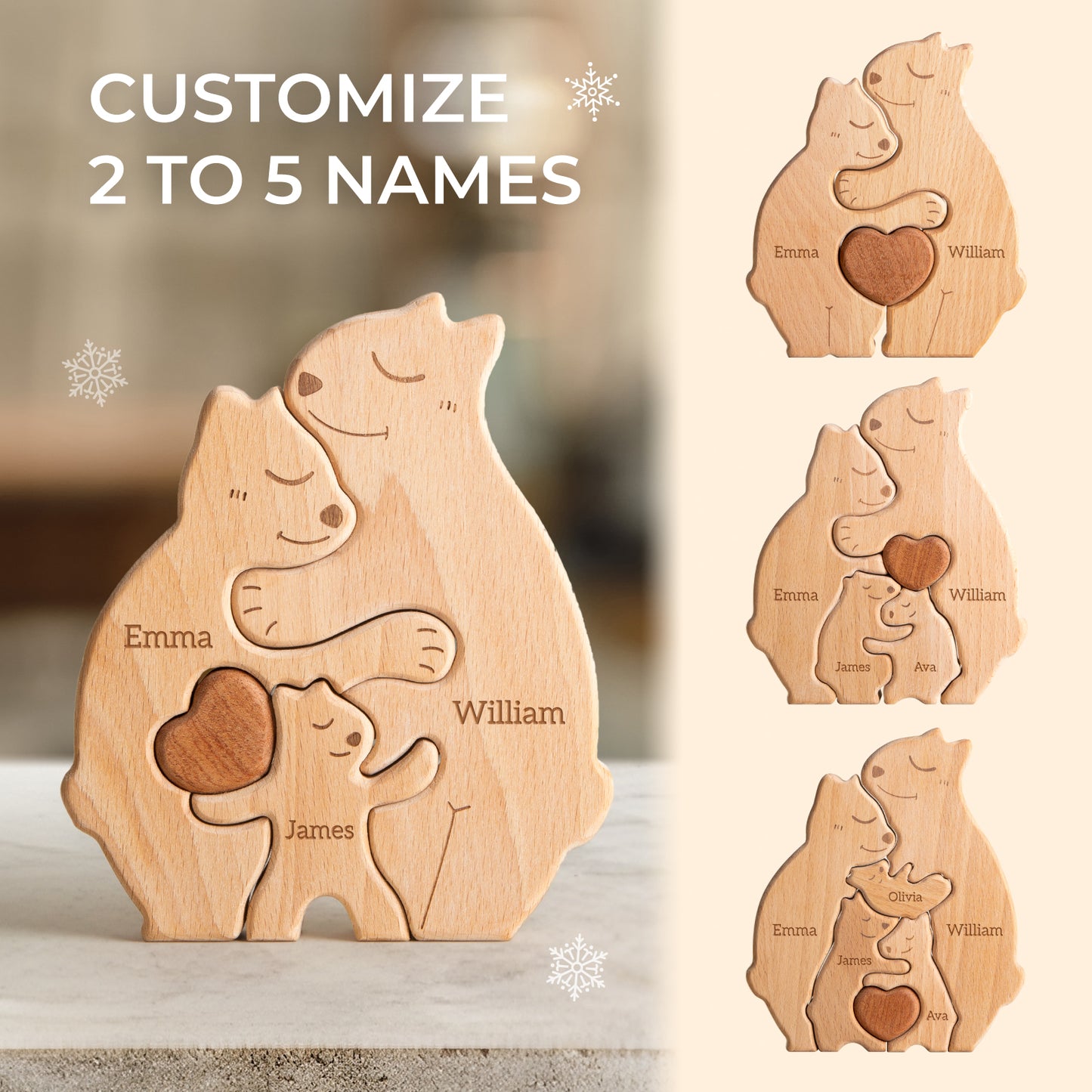 Wooden Bears Family Puzzle, Personalized Jigsaw Puzzles for Adults and Kids with 2-5 Names