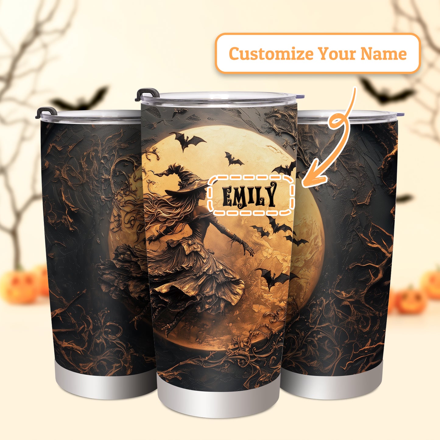 Personalized Halloween Tumbler Beautiful Witch Tumbler Coffee Mug Stainless Steel Travel Tumbler Spooky for Women Birthday Horror Gift Personalized 20oz Tumbler Cup with Text Name