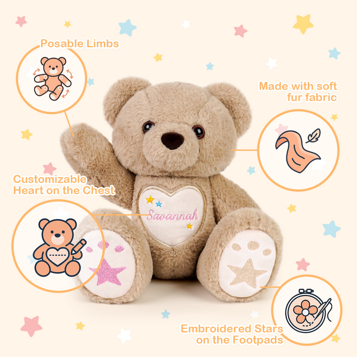 Starlight Teddy Bear,14 inch,Personalized Custom Embroidered Bear with Poseable Joints, Soft Plush Toy for Toddler & Kids (1-10 Years), Starry Design, Gift for Boys & Girls(Brown)