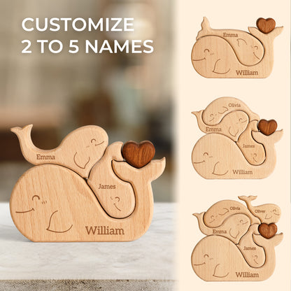 Wooden Whales Family Puzzle, Personalized Puzzles with 2-5 Names, Birthday Anniversary Wedding Gifts for Women Men, Customized Home Decor Housewarming Gifts for Parents Couple Friends