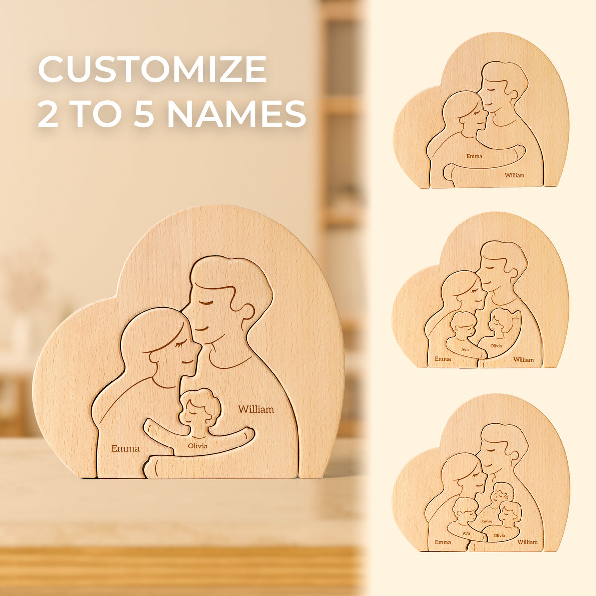 Family Puzzle, Personalized Wooden Puzzles with 2–5 Names, Customized Home Decor Housewarming Gifts for Parents and Couple