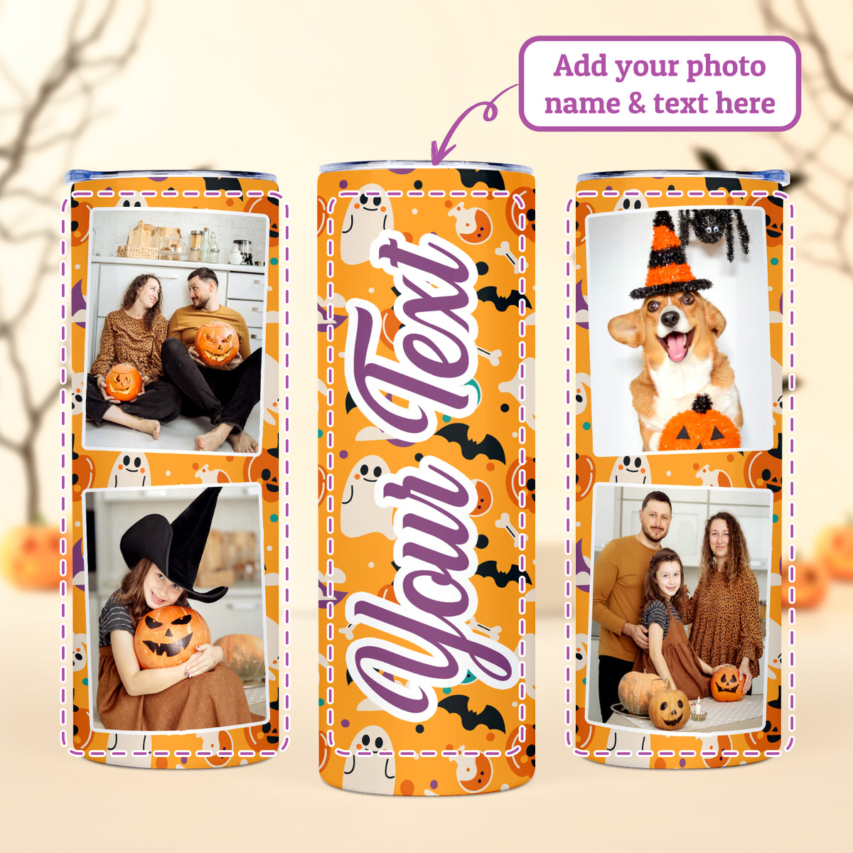 Halloween Decorations, Personalized Tumbler with Photo Text Name Straw Lid Personalized Gifts, 20oz Skinny Custom Tumbler Insulated Travel Coffee Mug for Halloween Party Favors