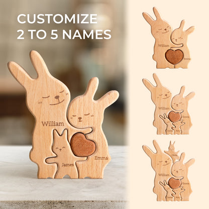 Bunny Family Puzzle, Personalized Wooden Puzzle for Adults and Kids with 2-5 Names