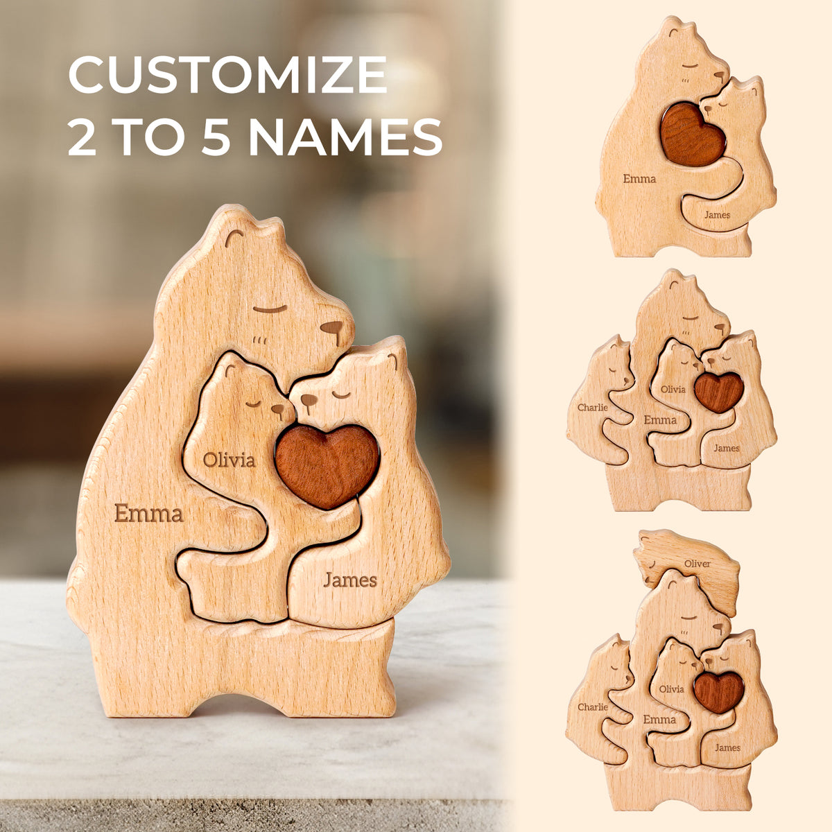 Mommy Bear Family Puzzle, Personalized Wooden Puzzles with Mothers and 1–4 Kids Names