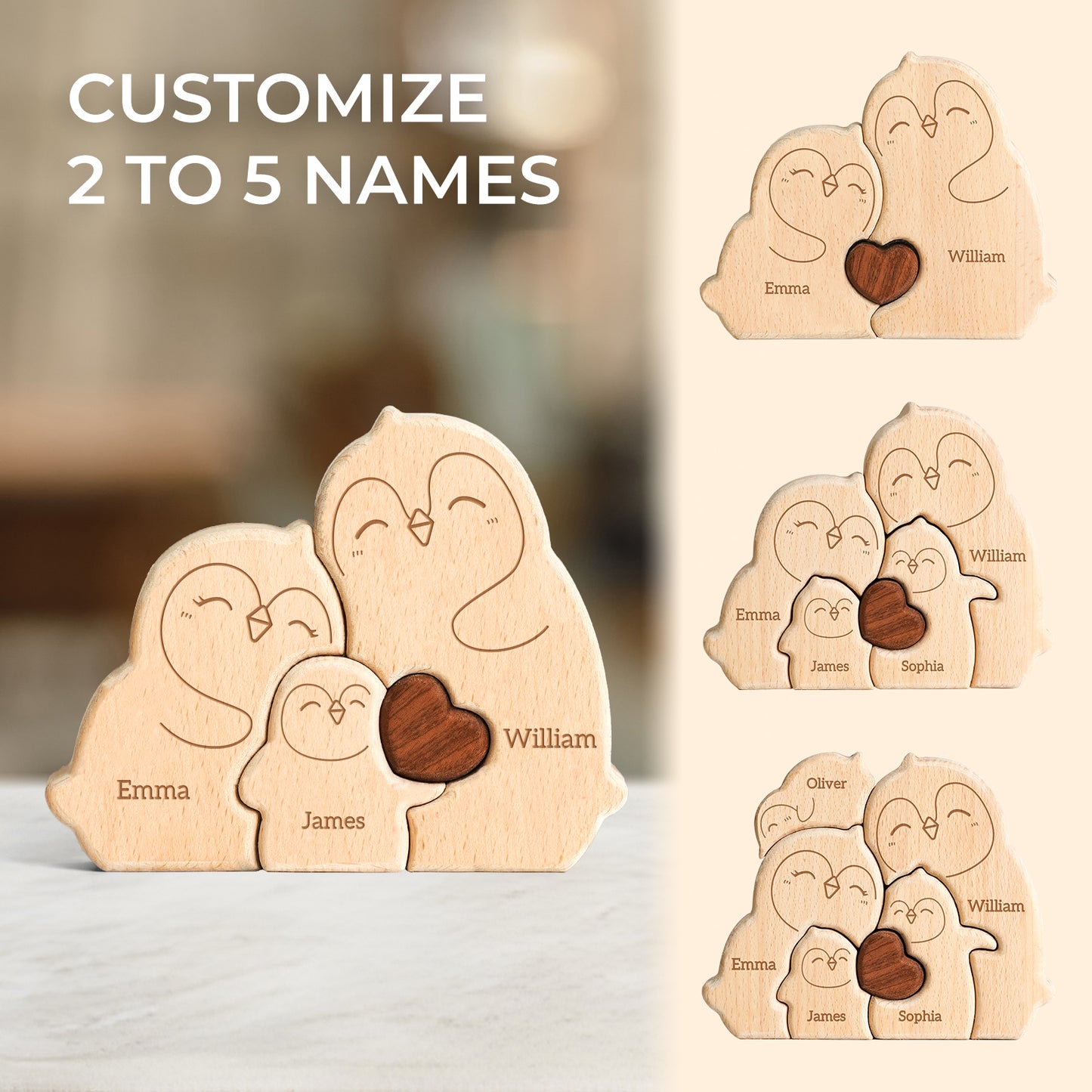 Wooden Penguin Family Puzzle, Personalized Puzzles with 2-5 Names, Birthday Anniversary Wedding Gifts for Women Men, Customized Home Decor Housewarming Gifts for Parents Couple Friends