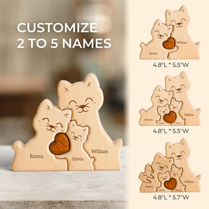 Wooden Cat Family Puzzle, Personalized Puzzles with 2-5 Names, Birthday Anniversary Wedding Gifts for Women Men, Customized Home Decor Housewarming Gifts for Parents Couple Friends