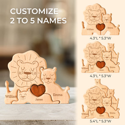 Wooden Lion Family Puzzle, Personalized Puzzles with 2-5 Names, Birthday Anniversary Wedding Gifts for Women Men, Customized Home Decor Housewarming Gifts for Parents Couple Friends