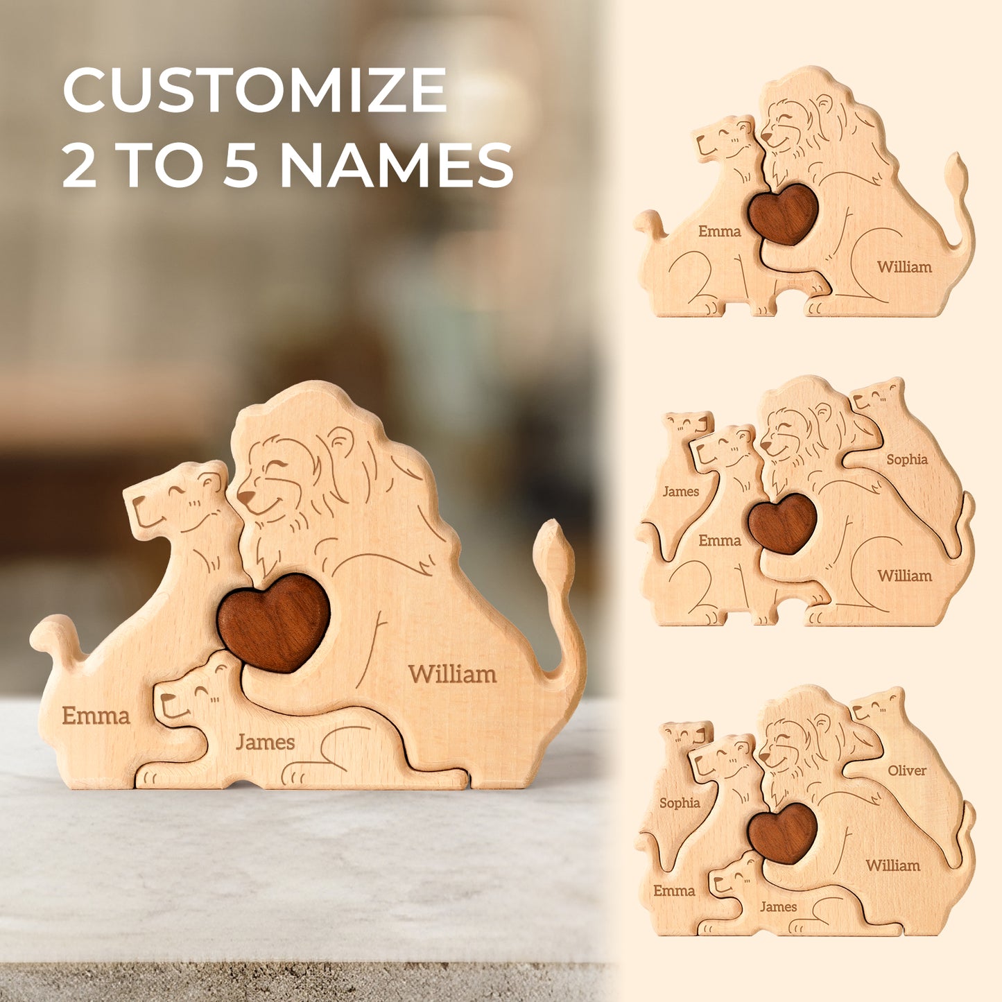 Wooden Lion Family Puzzle, Personalized Puzzles with 2-5 Names,Lion Toys Birthday Anniversary Wedding Gifts for Women Men, Customized Decorations Puzzles Housewarming Gifts for Parents Couple Friends