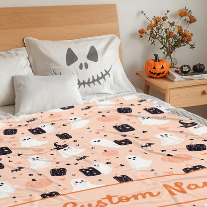 Halloween Throw Blanket Cute Pink Ghost and Pumpkin Candle Blanket with Personalized Name Soft Fuzzy Plush for Couch Sofa or Bed Luxury Flannel Lap Blanket for Kids Adults Wife Self