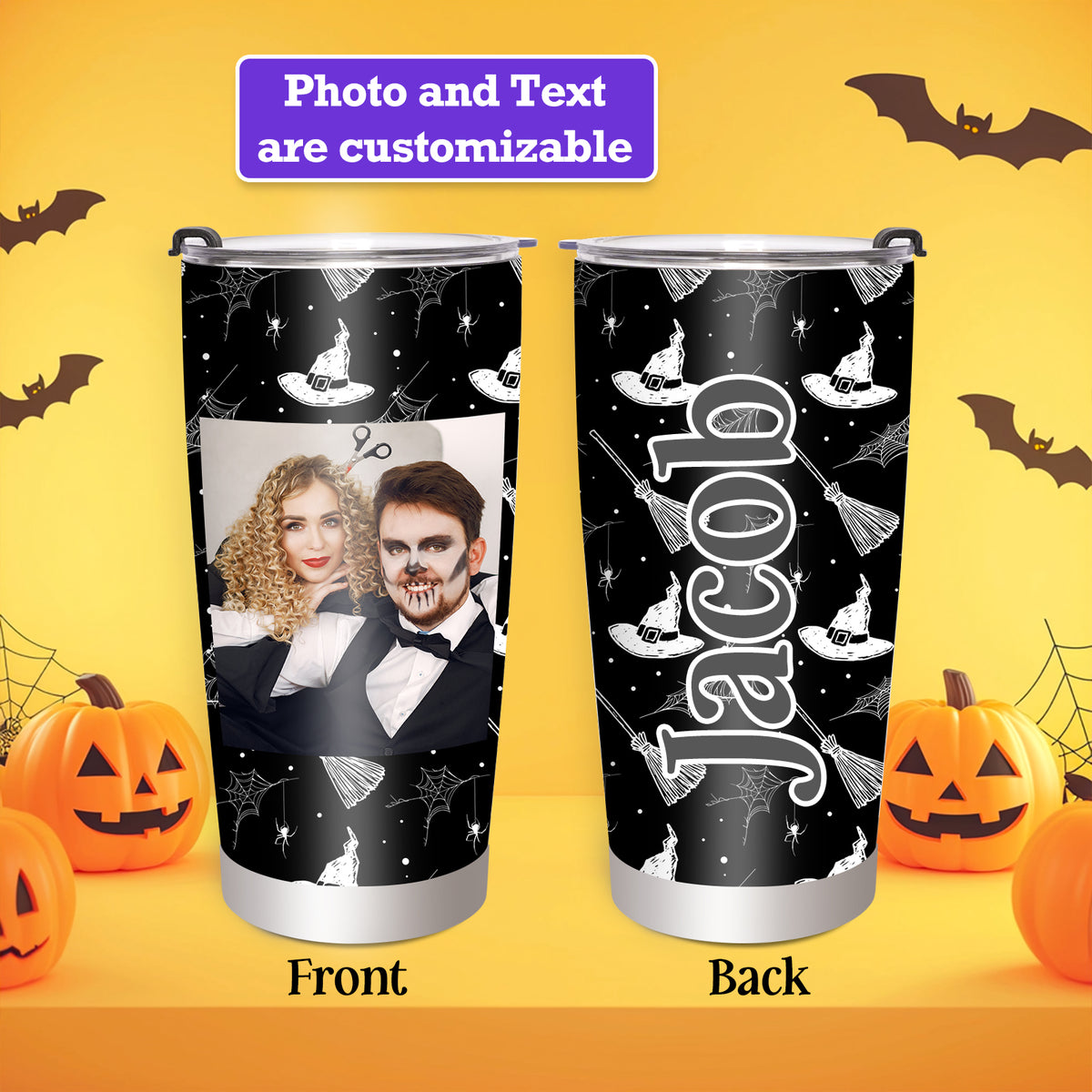 Halloween Tumbler Ghost Skull Pumpkin Stainless Steel Travel Tumbler Spooky Coffee Mug Cup for Women Birthday Horror Gift Personalized 20oz Tumbler Cup with Picture Text Name
