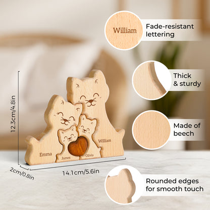 Wooden Cat Family Puzzle, Personalized Puzzles with 2-5 Names, Birthday Anniversary Wedding Gifts for Women Men, Customized Home Decor Housewarming Gifts for Parents Couple Friends