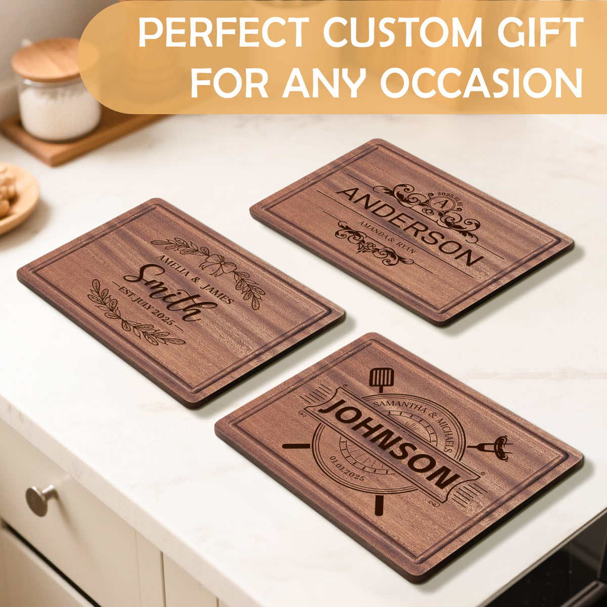Personalized Wood Cutting Board – Custom Engraved with Names Dates – Gift for Weddings, Anniversaries, Housewarmings. Functional Serving Platter (11x8.3 Inches)