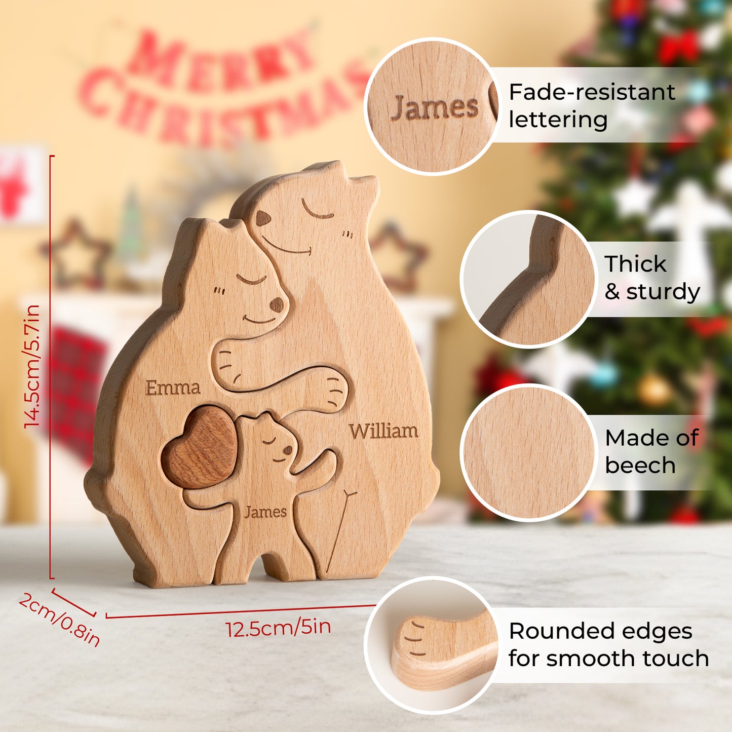 Wooden Bears Family Puzzle, Personalized Jigsaw Puzzles for Adults and Kids with 2-5 Names