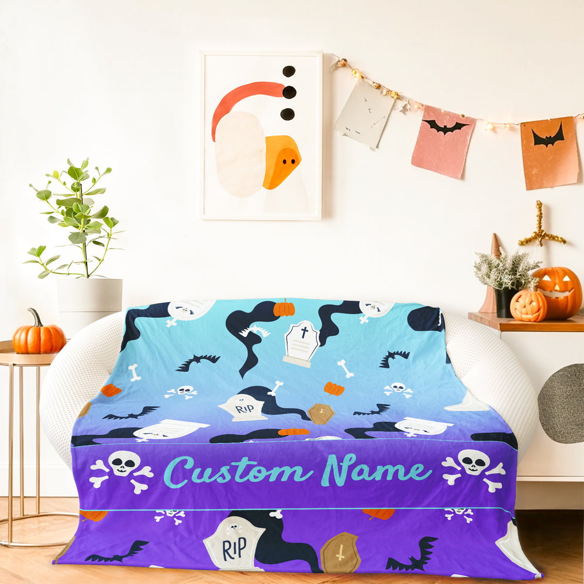 Custom Halloween Blanket with Name Text, Personalized Tombstone Ghost Blankets for Boys Girls, Unique Halloween Decorations Throw Blanket Gifts for Kids Women Men