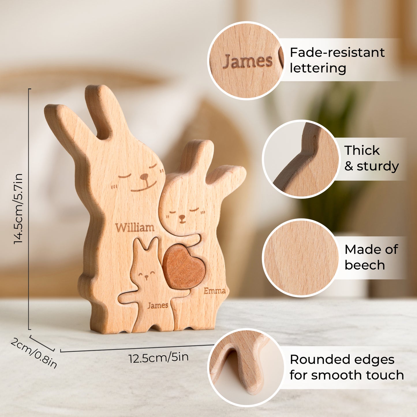 Bunny Family Puzzle, Personalized Wooden Puzzle for Adults and Kids with 2-5 Names