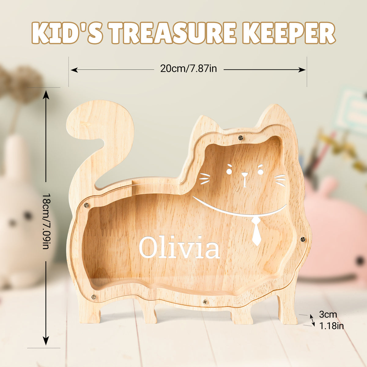 Wooden Cat Piggy Banks for Kids, Personalized Cat Coin Bank with Name, Custom Gifts for Kids Birthday & Decor, Wooden Cashbox Money Jar Educational Toy for Boys Girls