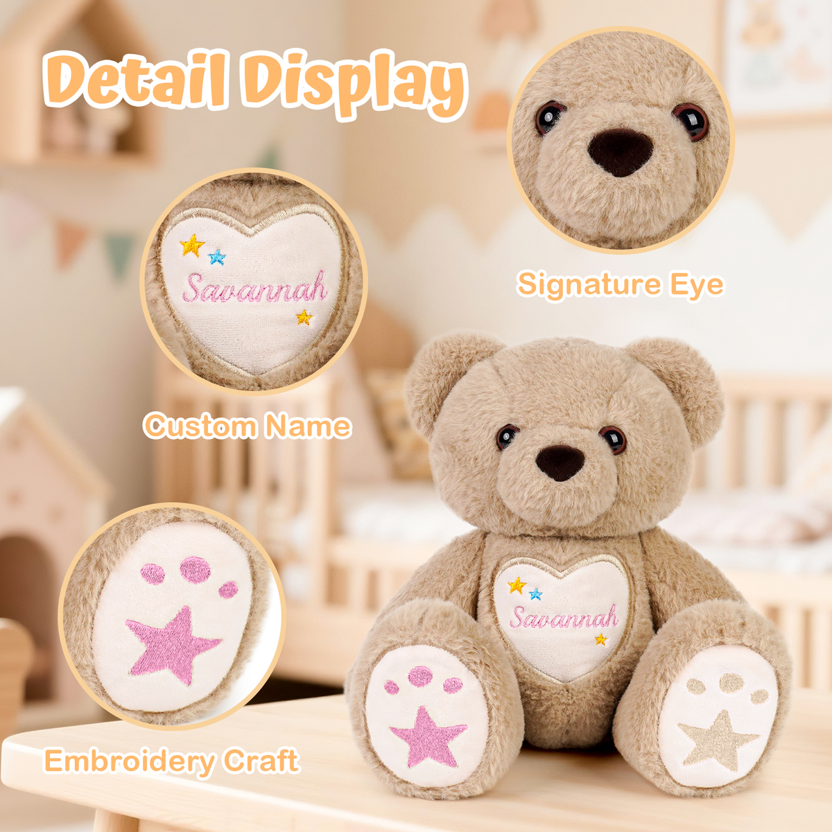 Starlight Teddy Bear,14 inch,Personalized Custom Embroidered Bear with Poseable Joints, Soft Plush Toy for Toddler & Kids (1-10 Years), Starry Design, Gift for Boys & Girls(Brown)