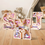 Personalized Wooden Letter Piggy Bank - Colorful Unicorn Style