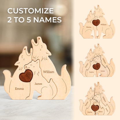 Wooden Wolf Family Puzzle, Personalized Puzzles with 2-5 Names, Birthday Anniversary Wedding Gifts for Women Men, Customized Home Decor Housewarming Gifts for Parents Couple Friends