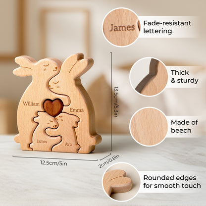 Customizedbee Rabbit Family Puzzle, Personalized Wooden Puzzles with 2–5 Names, Unique Easter Basket Stuffers for Lucky