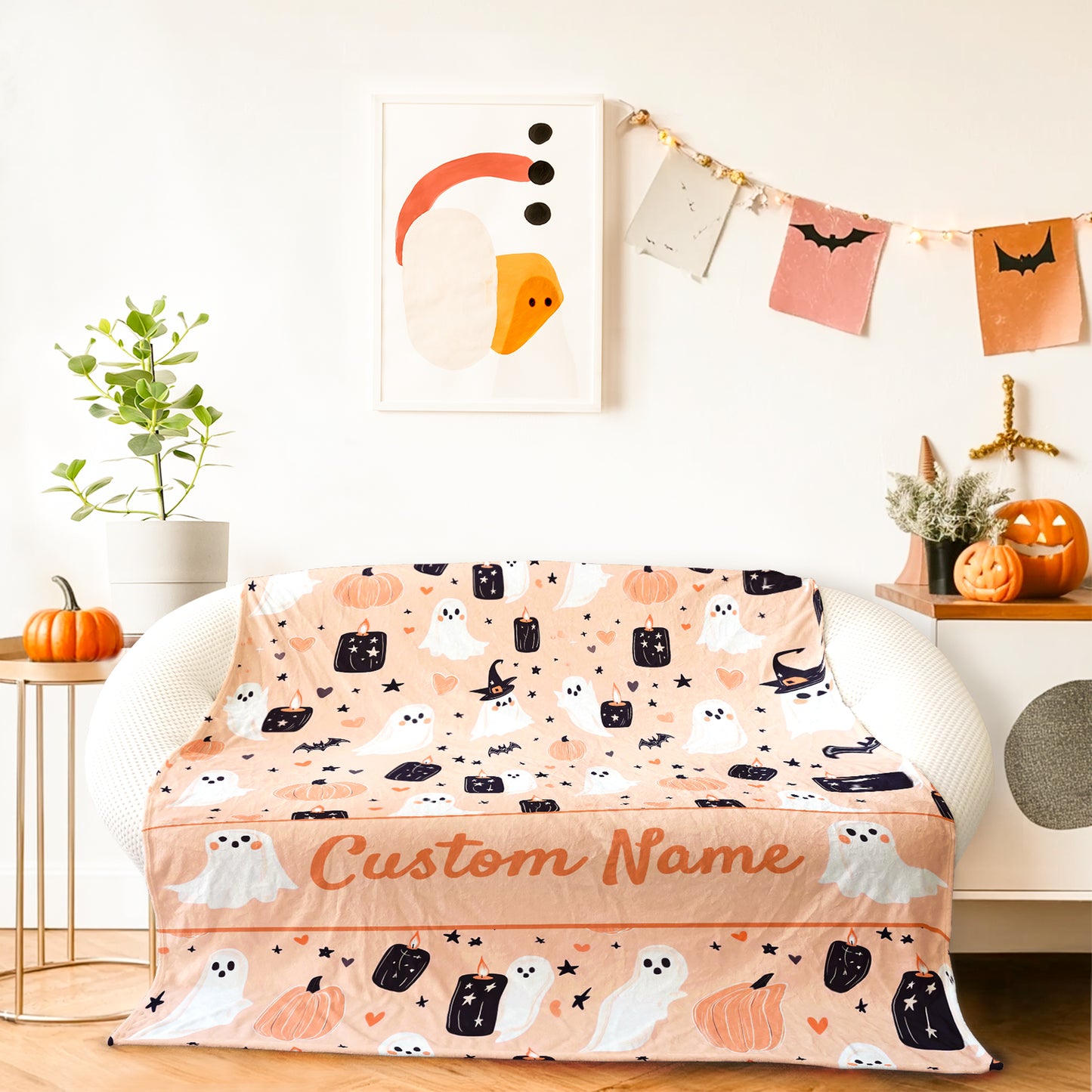 Halloween Throw Blanket Cute Pink Ghost and Pumpkin Candle Blanket with Personalized Name Soft Fuzzy Plush for Couch Sofa or Bed Luxury Flannel Lap Blanket for Kids Adults Wife Self