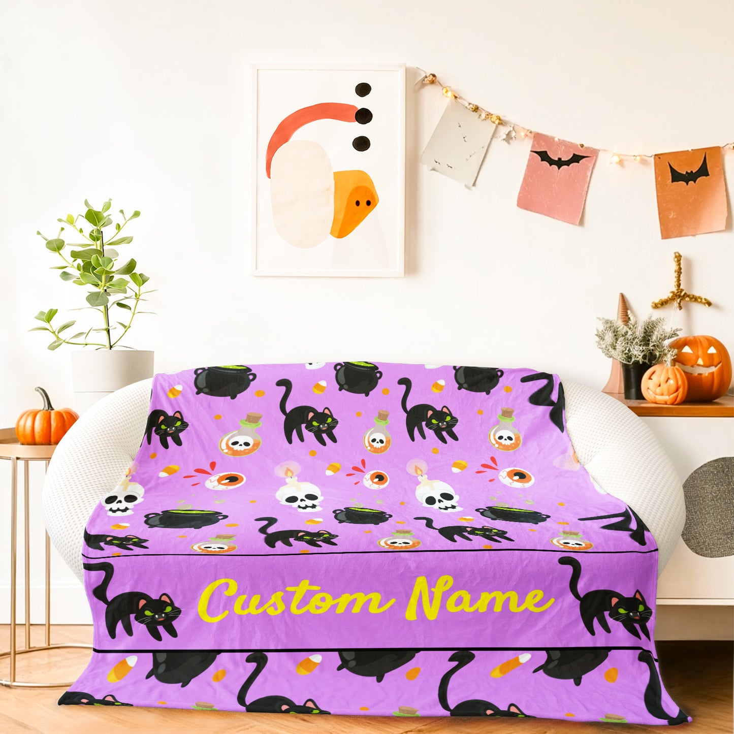 Custom Halloween Blanket, Personalized Skull and Black Cat Cozy Fleece Name Blanket for Kids Boys Girls Women Men, Cozy Plush Name Blanket Halloween Decor Gift for Toddlers Kids Couch