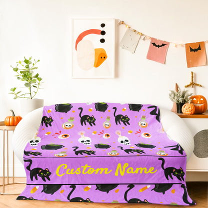 Custom Halloween Blanket, Personalized Skull and Black Cat Cozy Fleece Name Blanket for Kids Boys Girls Women Men, Cozy Plush Name Blanket Halloween Decor Gift for Toddlers Kids Couch