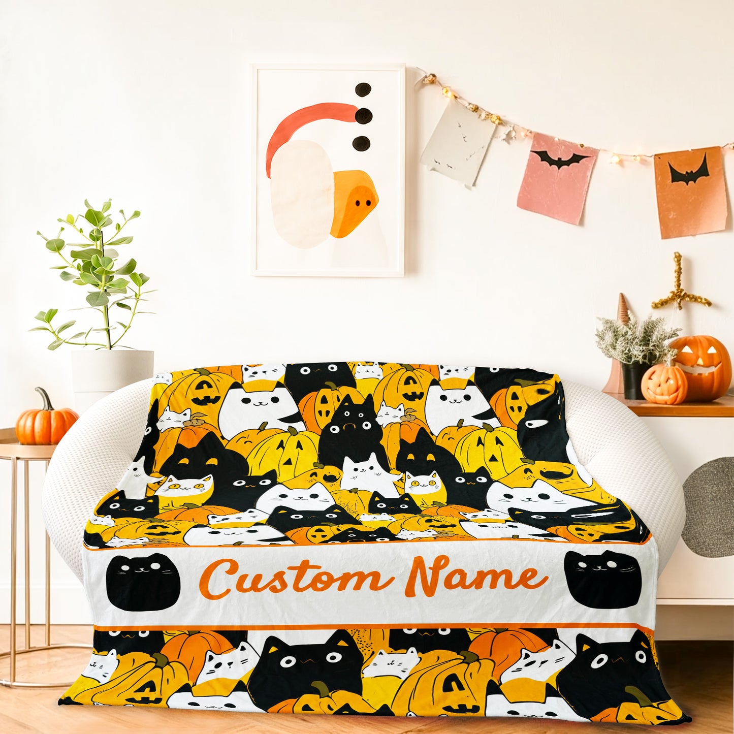 Halloween Blanket Personalized with Name, Cat Pumpkin Cozy Fleece Custom Throw Blanket for Couch Bed Room Decor, for Kids Adults Family Friends