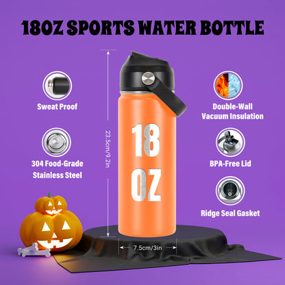 Halloween Personalized Water Bottles for Kids, 18 oz Custom Sports Bottles w/Name & Icons, Double Wall Insulated BPA Free w/Lid Straw & Handle, Customize Halloween Gifts for Girls Boys