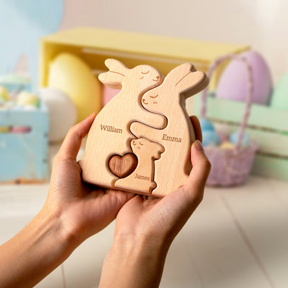 Customizedbee Rabbit Family Puzzle, Personalized Wooden Puzzles with 2–5 Names, Unique Easter Basket Stuffers for Lucky