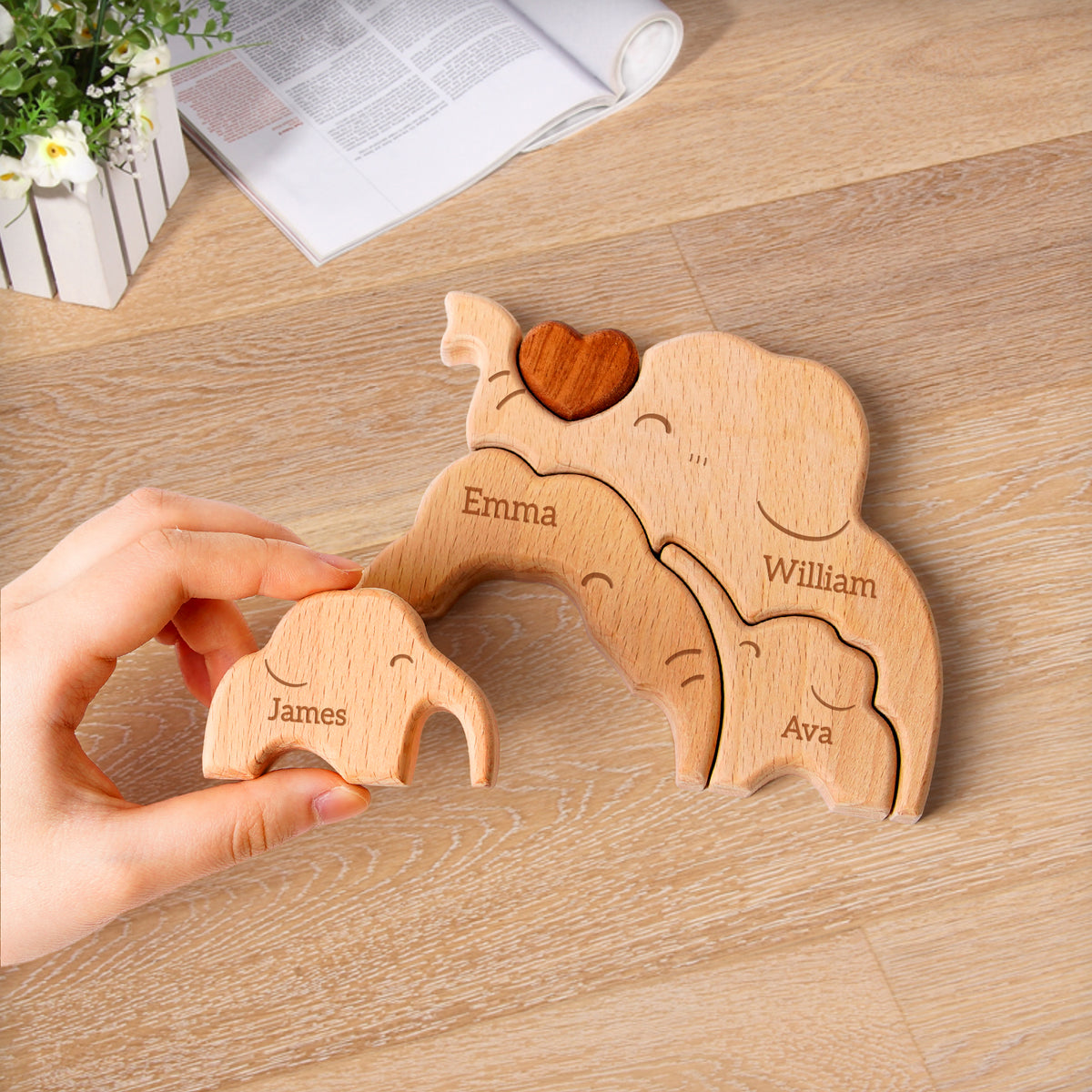 Elephant Family Puzzle, Personalized Wooden Puzzles with 2-5 Family Members Names, Unique Family Decor Wood Sculpture Gifts for Mom Grandma