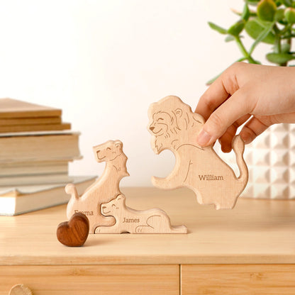 Wooden Lion Family Puzzle, Personalized Puzzles with 2-5 Names,Lion Toys Birthday Anniversary Wedding Gifts for Women Men, Customized Decorations Puzzles Housewarming Gifts for Parents Couple Friends