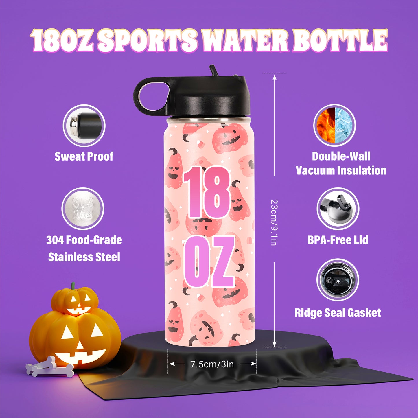 Personalized Halloween Water Bottle w/Name for Kids, 18oz Custom Insulated Sports Waterbottle w/Handle Straw & Lid for Kids, Customized Halloween Gifts for Girls Boys Halloween Decor