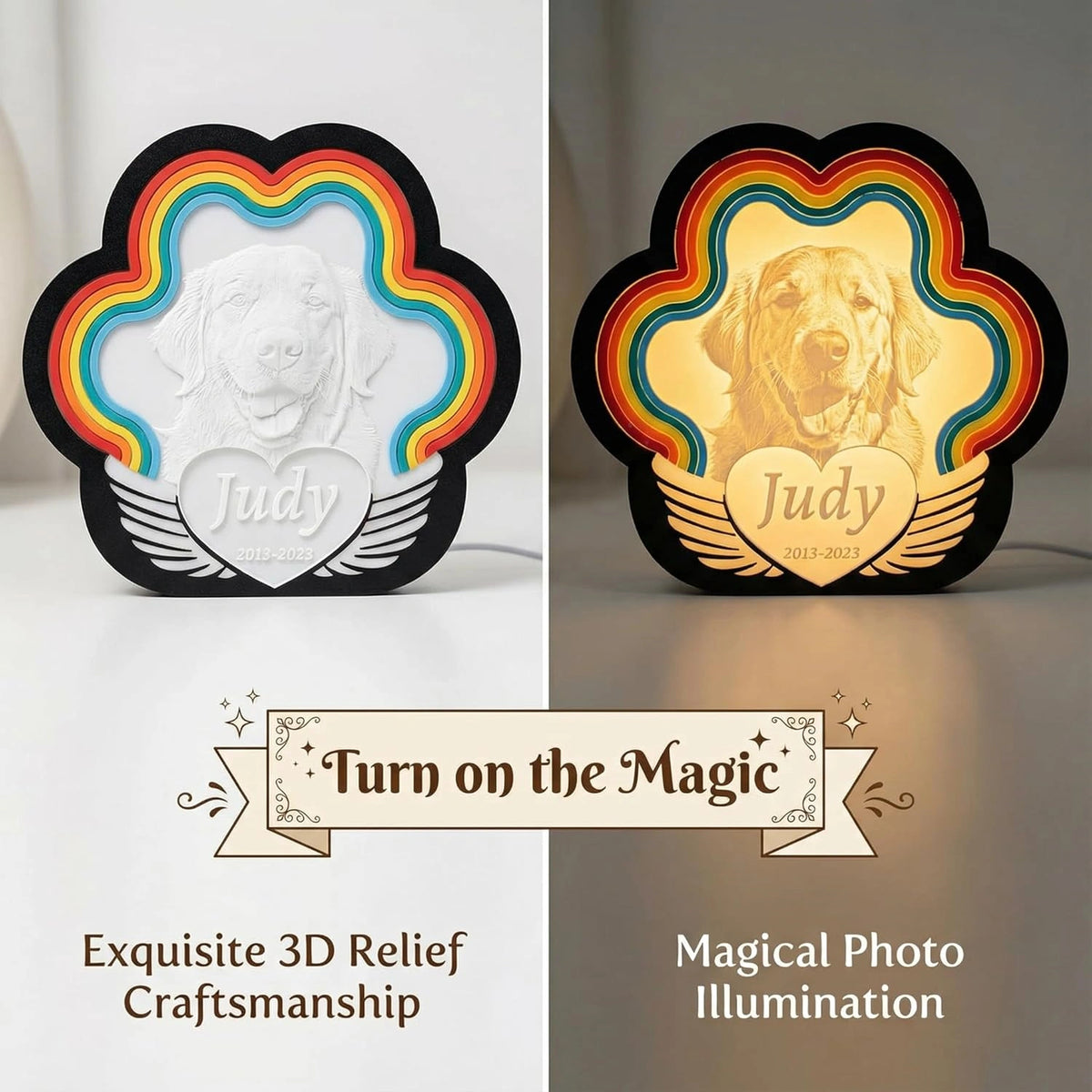 Custom Pet Memorial Night Light – Personalized 3D Printed Dog & Cat Photo Lamp with Rainbow Bridge & Angel Wings – Sympathy Gift for Pet Loss, Warm Bedside Decor, USB Powered (8 x 7.6 Inch)