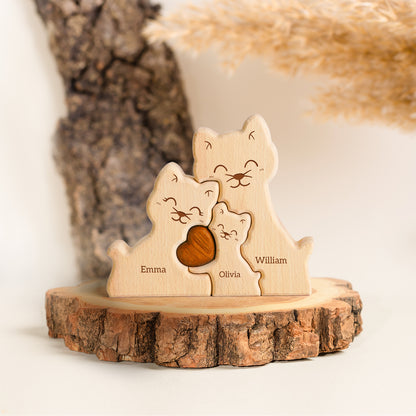 Wooden Cat Family Puzzle, Personalized Puzzles with 2-5 Names, Birthday Anniversary Wedding Gifts for Women Men, Customized Home Decor Housewarming Gifts for Parents Couple Friends