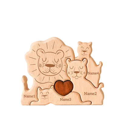 Wooden Lion Family Puzzle, Personalized Puzzles with 2-5 Names, Birthday Anniversary Wedding Gifts for Women Men, Customized Home Decor Housewarming Gifts for Parents Couple Friends