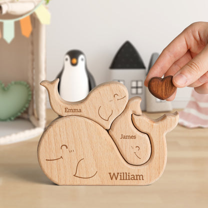 Wooden Whales Family Puzzle, Personalized Puzzles with 2-5 Names, Birthday Anniversary Wedding Gifts for Women Men, Customized Home Decor Housewarming Gifts for Parents Couple Friends