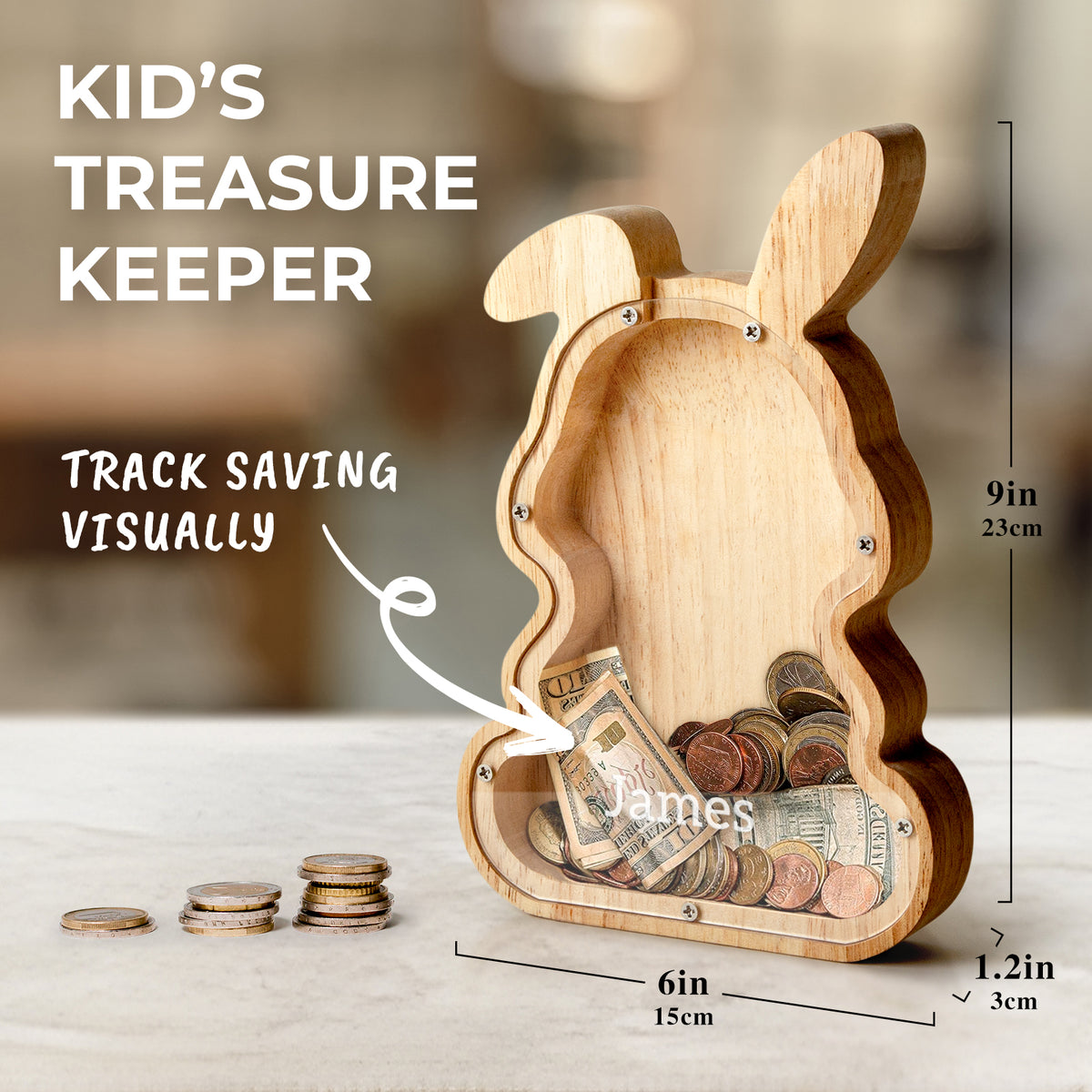 Bunny Piggy Bank for Kids, Personalized Wooden Money Box, Money Holder Encourages Early Saving