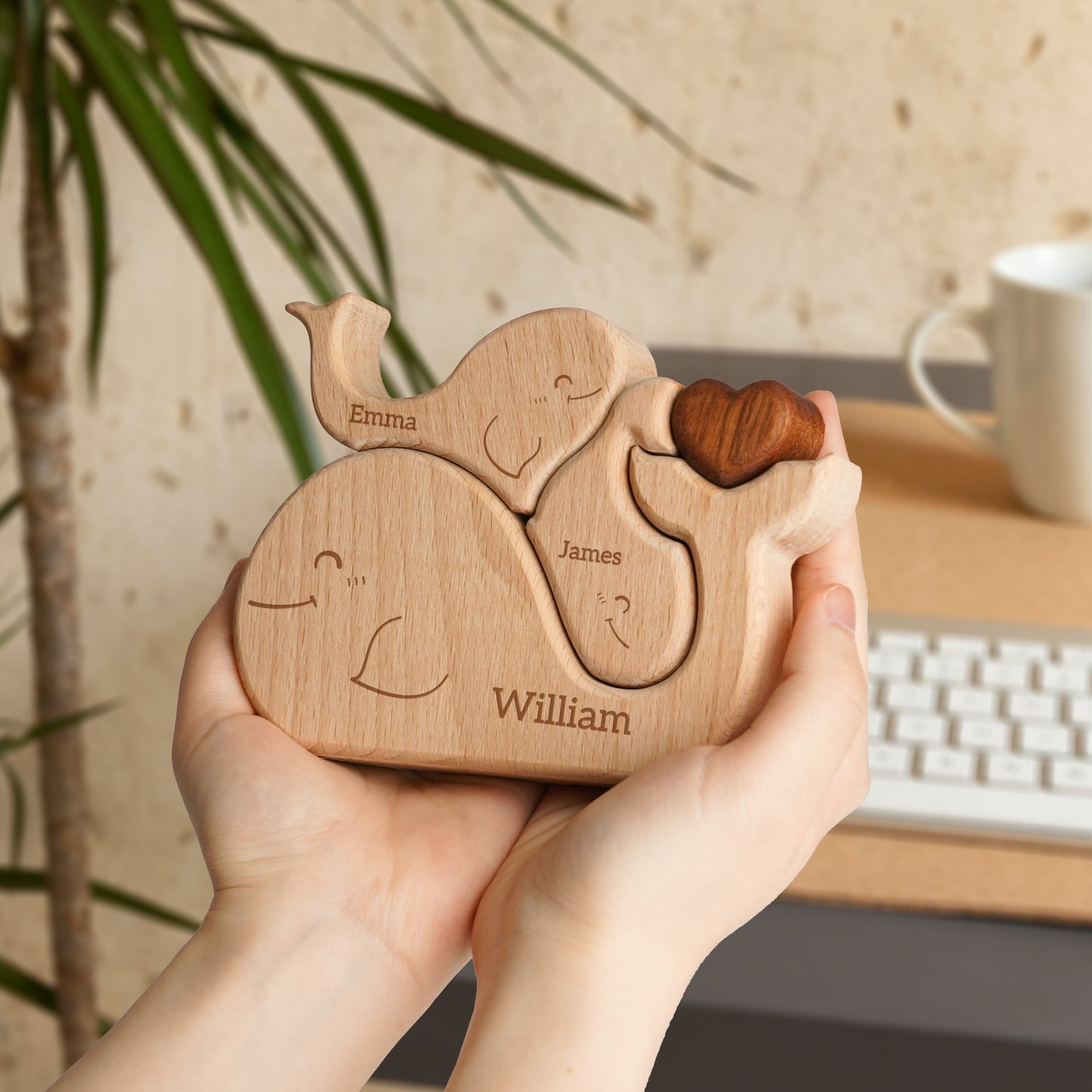 Wooden Whales Family Puzzle, Personalized Puzzles with 2-5 Names, Birthday Anniversary Wedding Gifts for Women Men, Customized Home Decor Housewarming Gifts for Parents Couple Friends