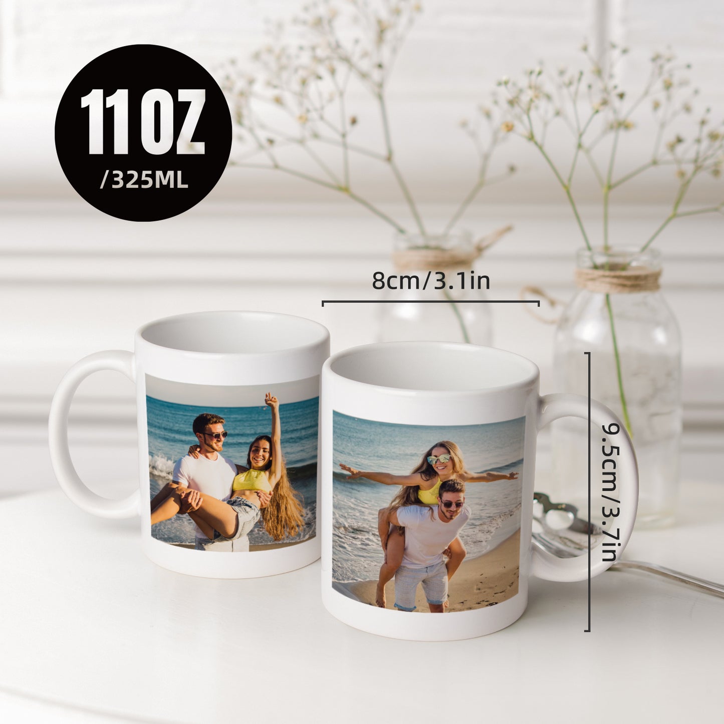 Customizedbee Couple Mug Set of 2  - Ceramic Coffee Mug with Custom Photo Name Text