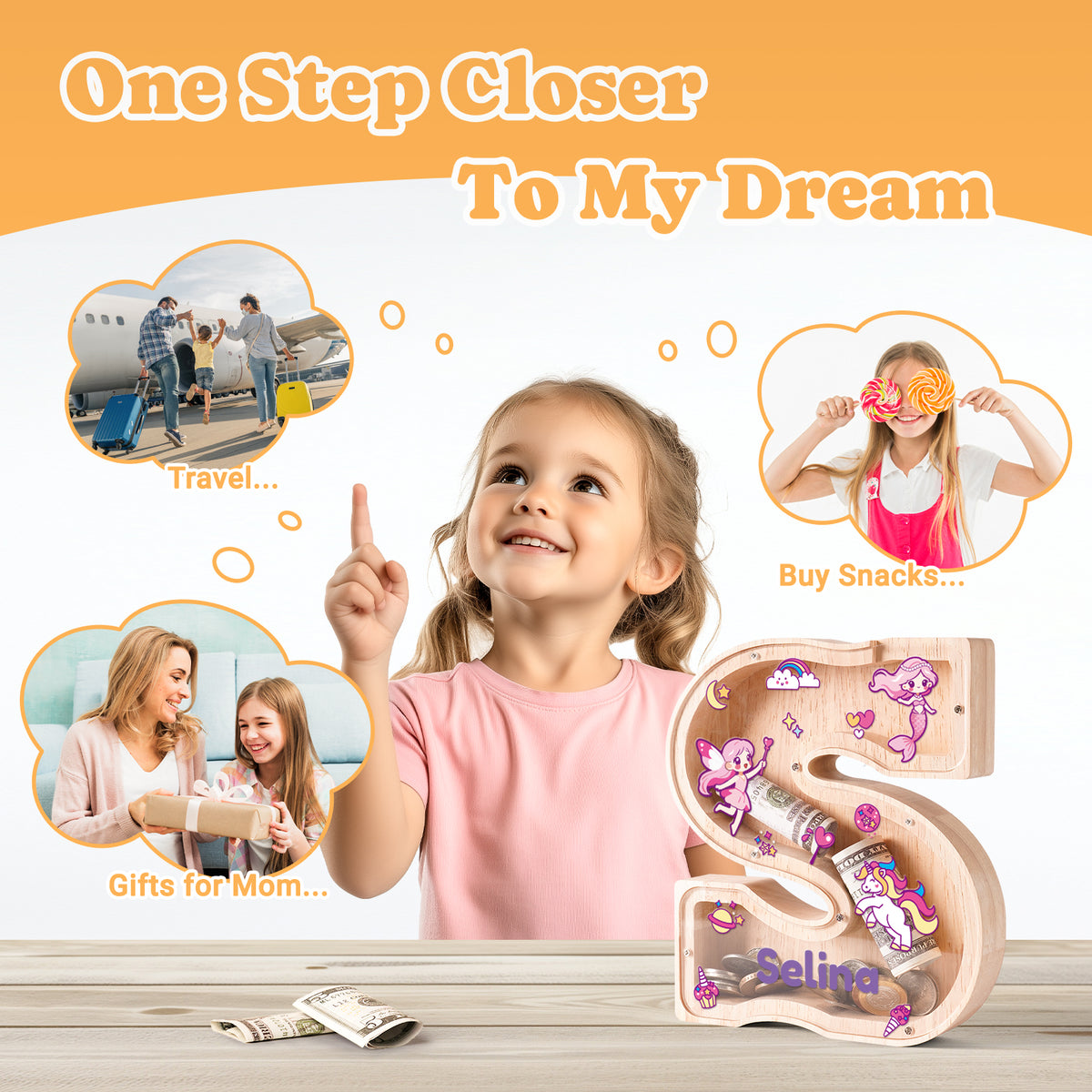 Personalized Wooden Letter Piggy Bank - Colorful Unicorn Style