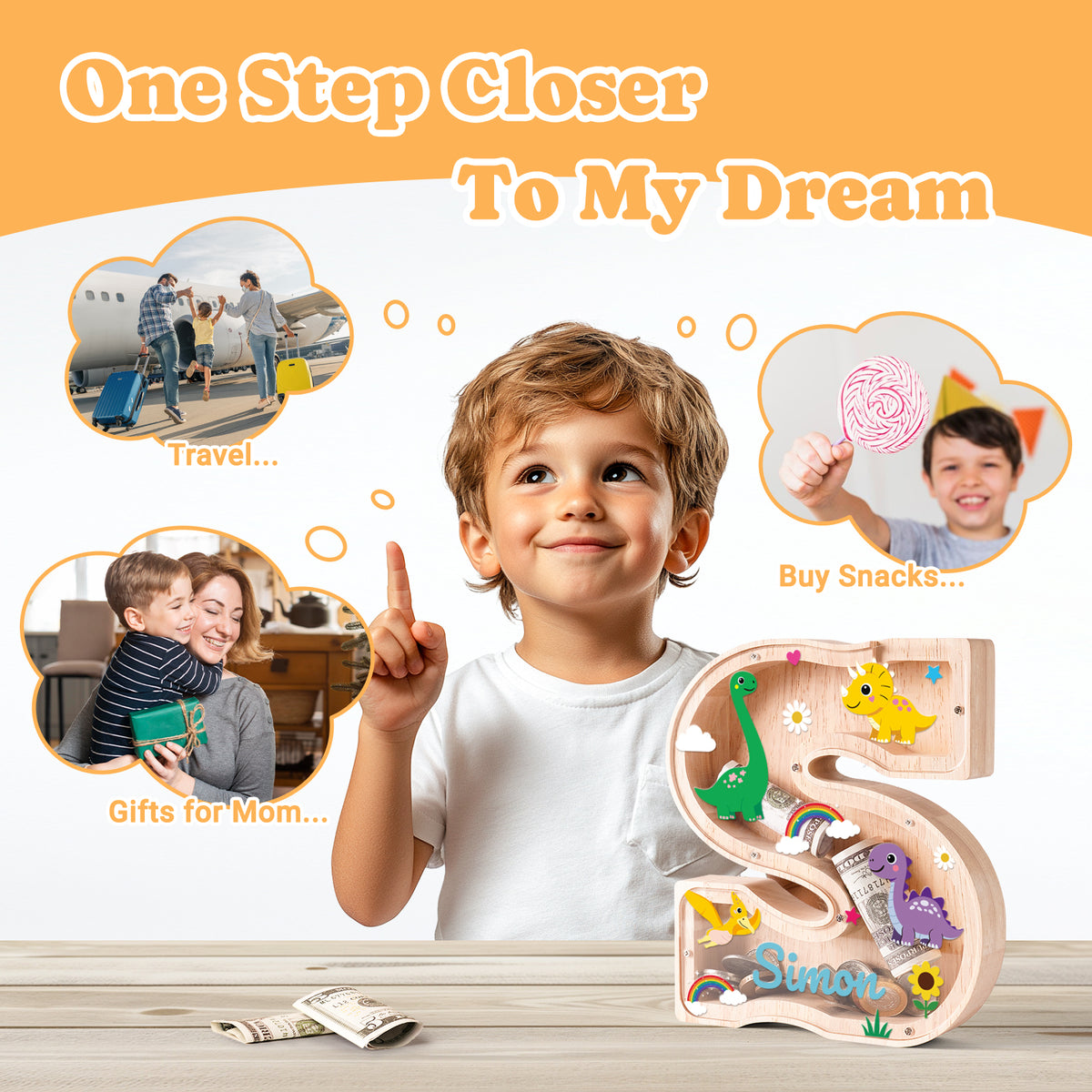 Personalized Wooden Letter Piggy Bank - Colorful Dinosaur Style