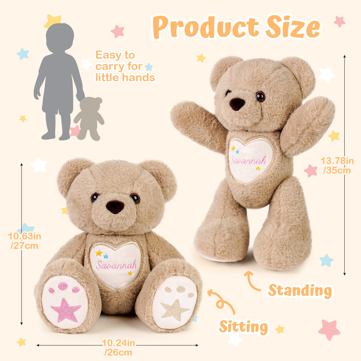 Starlight Teddy Bear,14 inch,Personalized Custom Embroidered Bear with Poseable Joints, Soft Plush Toy for Toddler & Kids (1-10 Years), Starry Design, Gift for Boys & Girls(Brown)