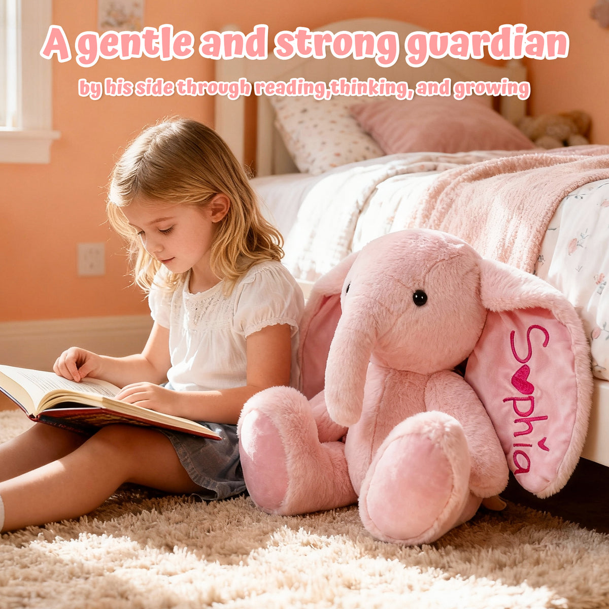 Personalized Elephant Stuffed Animal with Name & Date - Grey/Pink Elephant Toy