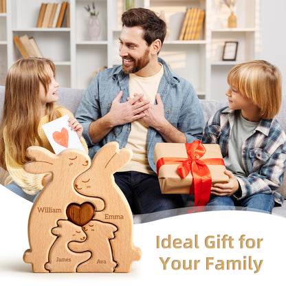 Customizedbee Rabbit Family Puzzle, Personalized Wooden Puzzles with 2–5 Names, Unique Easter Basket Stuffers for Lucky