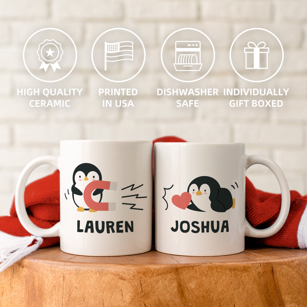 Customizedbee Romantic Couple Series Cute Penguin Mug Set of 2 - Unique Valentine Mug with Custom Name Photo