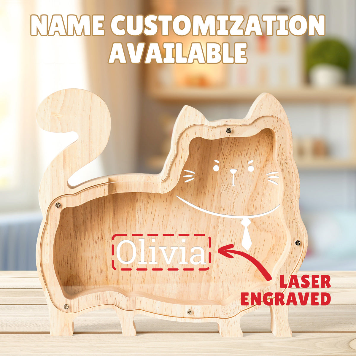 Wooden Cat Piggy Banks for Kids, Personalized Cat Coin Bank with Name, Custom Gifts for Kids Birthday & Decor, Wooden Cashbox Money Jar Educational Toy for Boys Girls